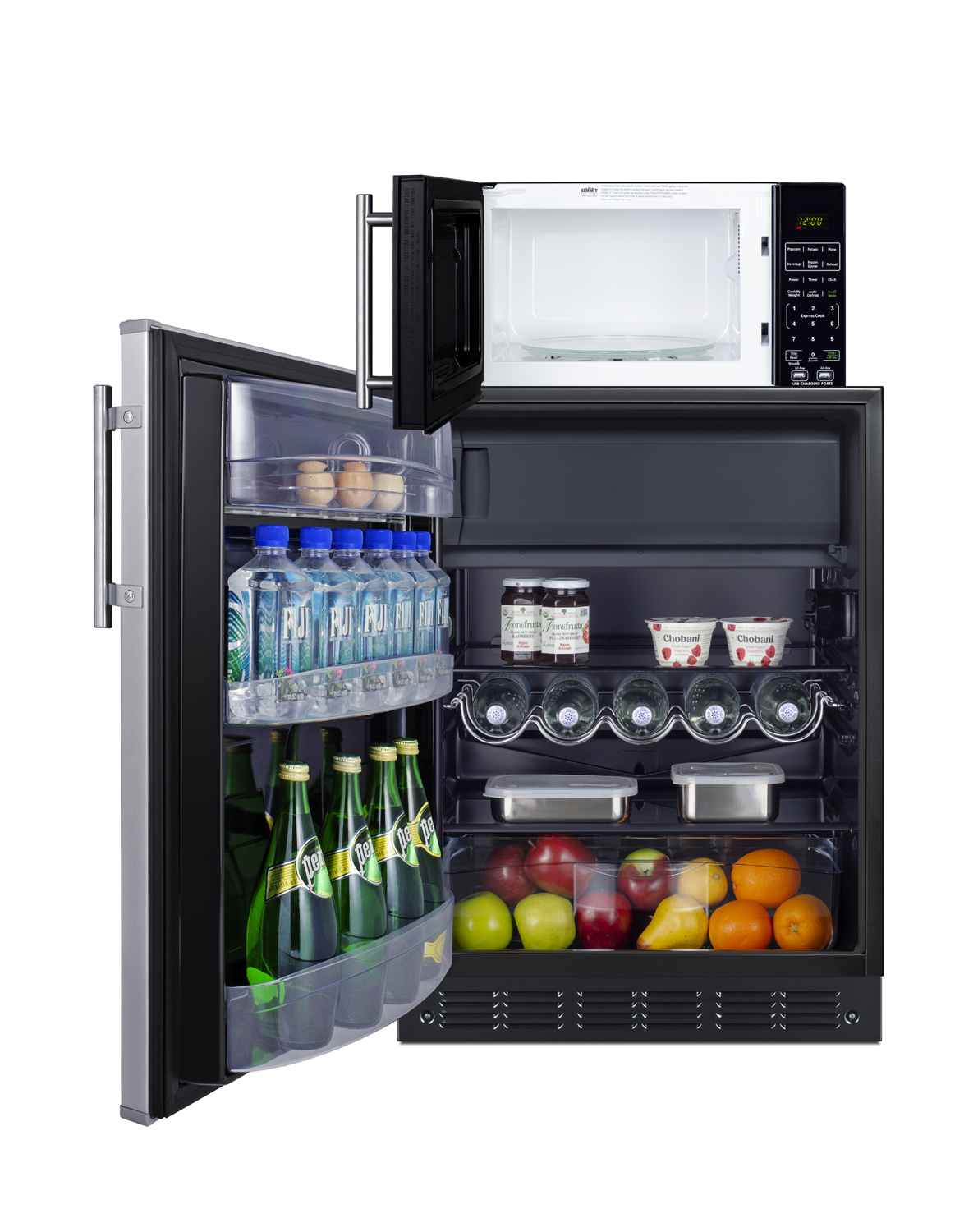 Counter height refrigerator-freezer with stainless steel door and compact microwave in black with allocator and USB ports for 1-plug operation; ships in three boxes on one pallet